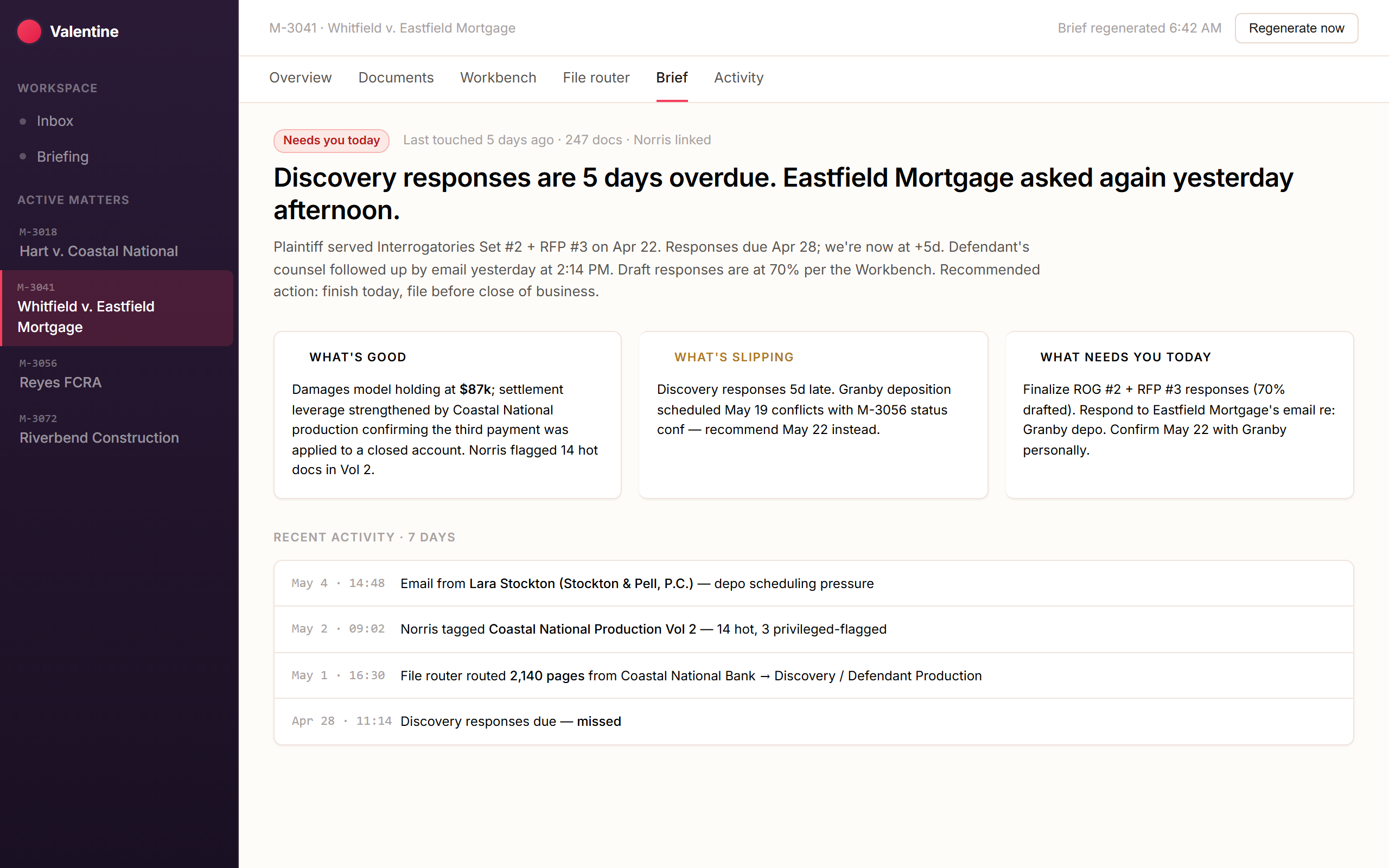 Briefing dashboard surfacing at-risk matters