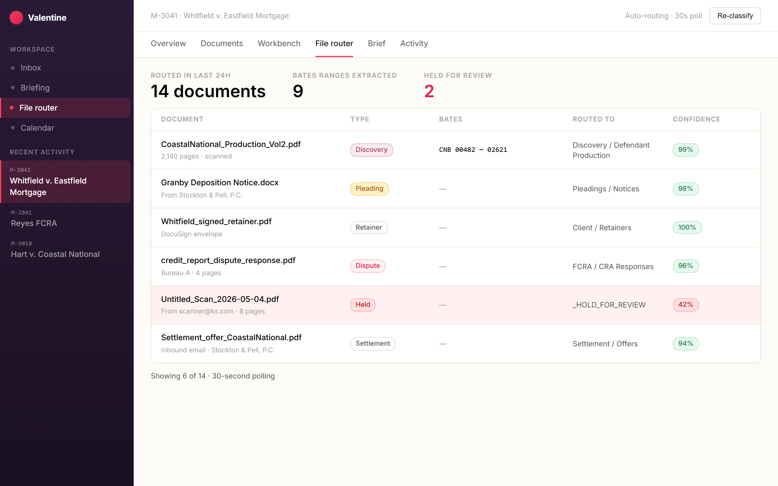 File router classifying inbound documents and routing to matter folders