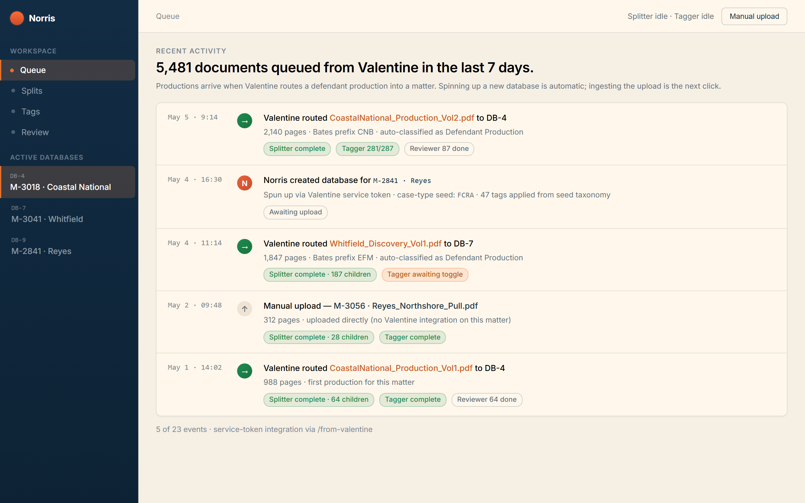 Valentine provisioning a Norris database for a matter