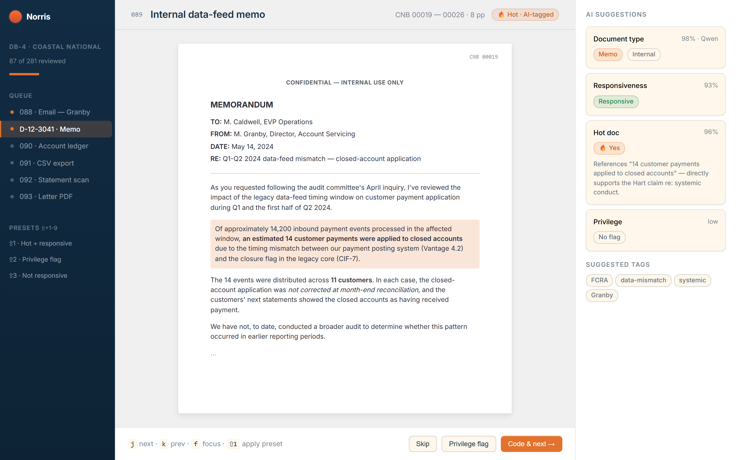 Norris reviewer interface — one document focus
