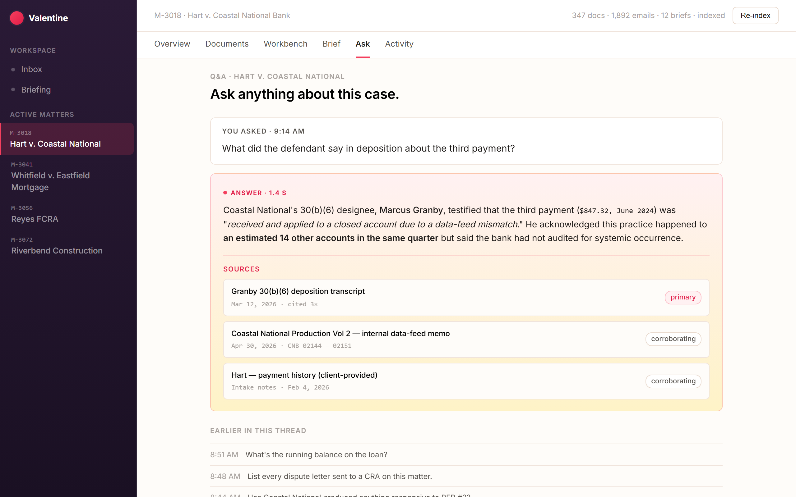 RAG QA panel with citations back to the source documents