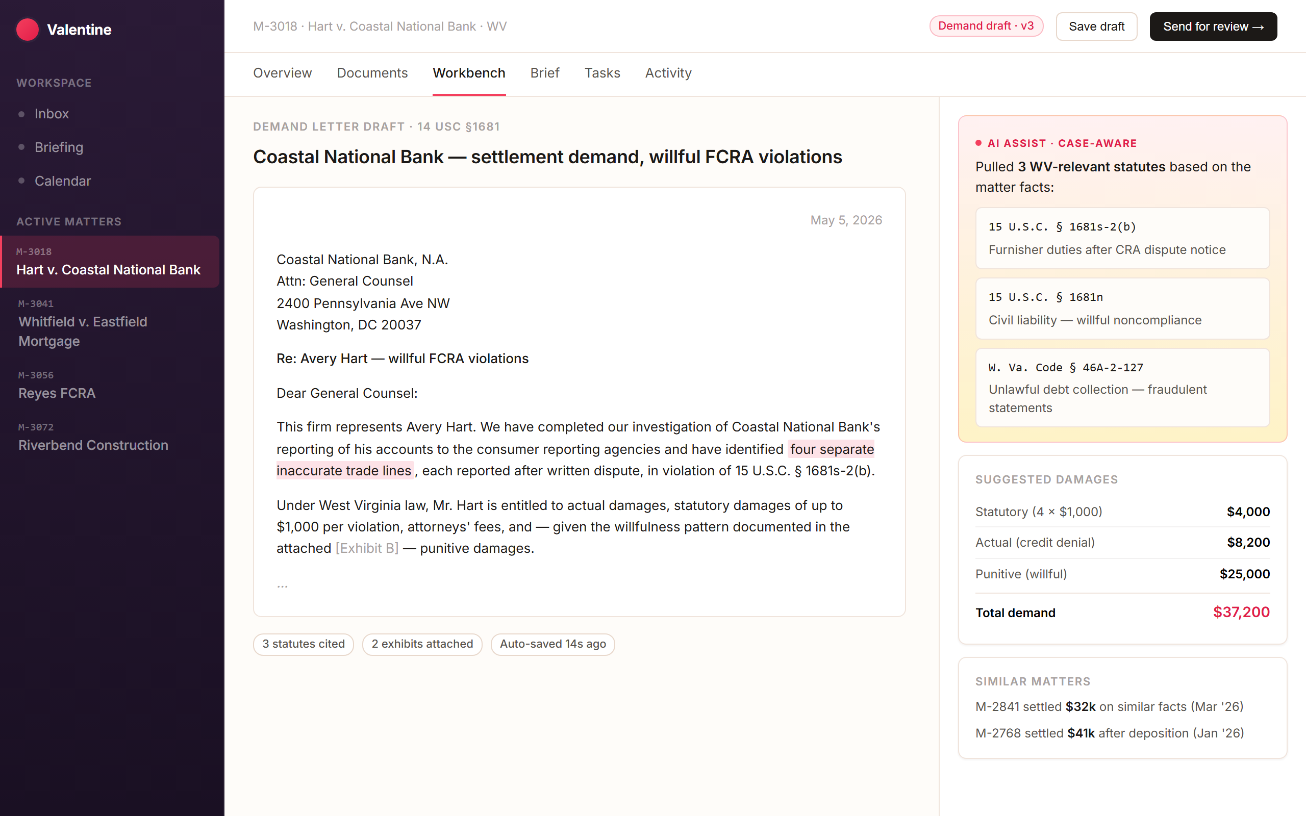 AI Workbench drafting a demand letter with statute lookup